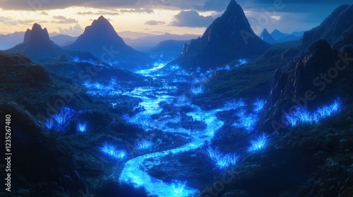 A Bio luminescent River Flows Through A Mountain Valley photo