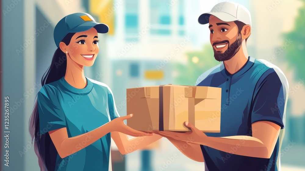 Smiling Delivery Person Handing Over a Package to a Customer Illustration Smiling Delivery Person Handing Over a Package to a Customer Illustration