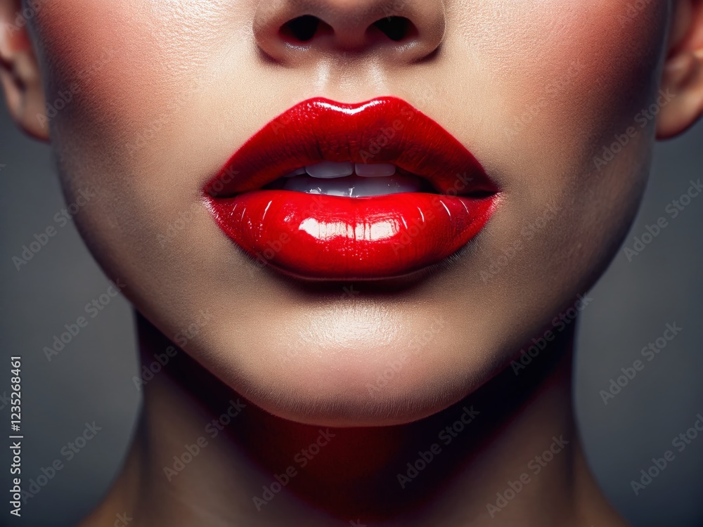 Obraz premium Close-up Shot of Luscious Lips with Bold Red Lipstick, Fashion Beauty Makeup