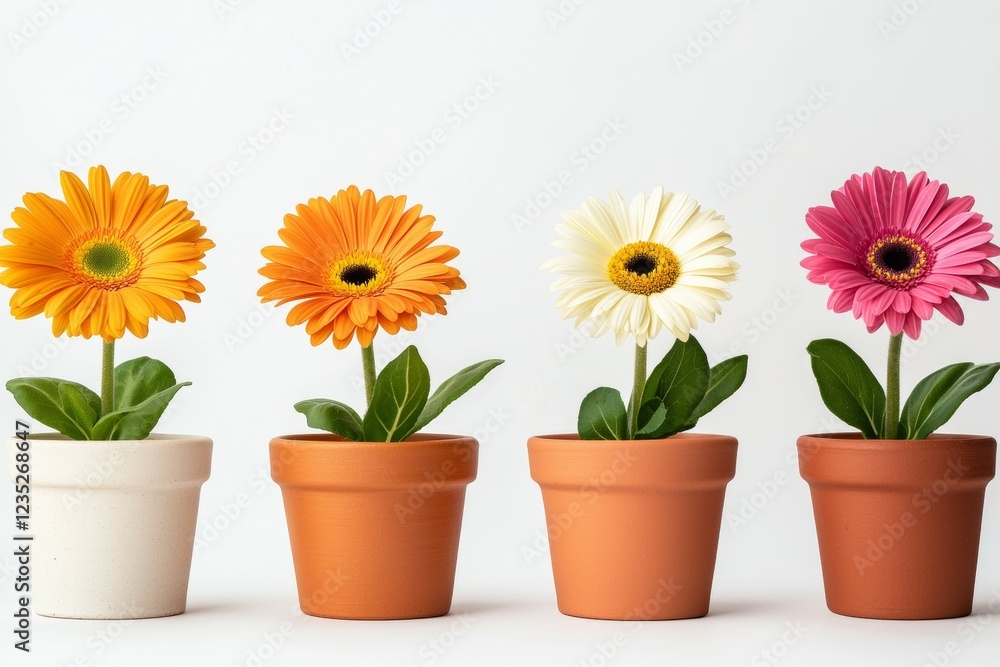 Four potted flowers of different colors are arranged in a row Four potted flowers of different colors are arranged in a row