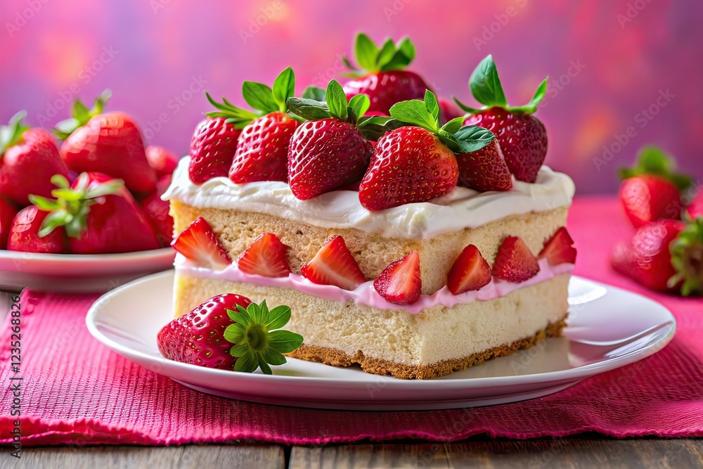 Delicious Strawberry Cake on Pink Tablecloth - AI Photography Delicious Strawberry Cake on Pink Tablecloth - AI Photography