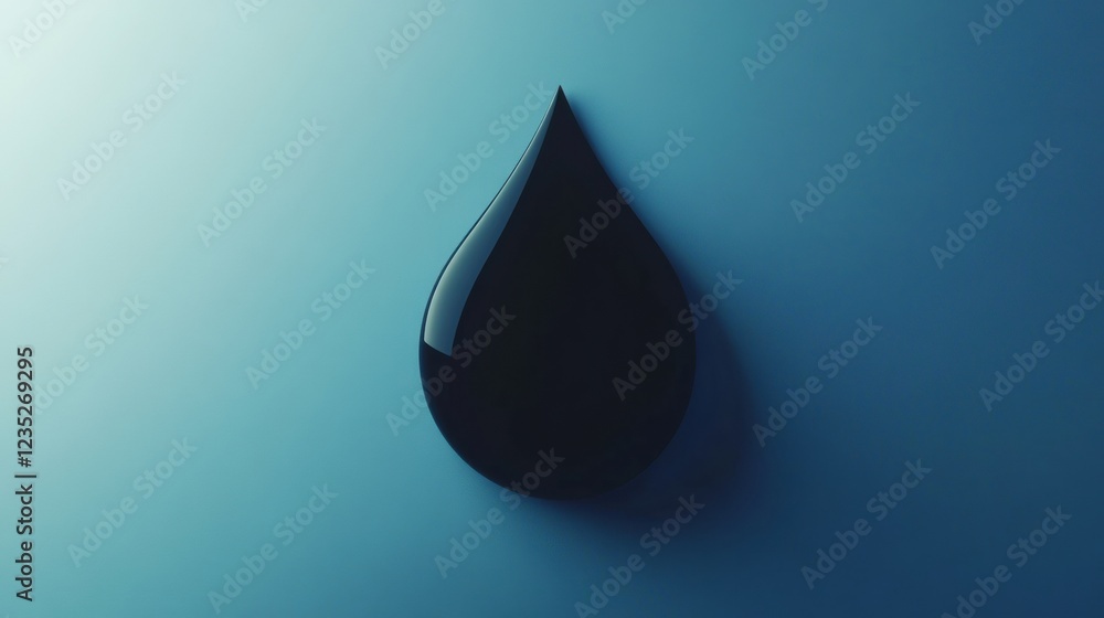 Fototapeta premium Black droplet with smooth surface resting on a blue background during soft lighting conditions. Generative AI