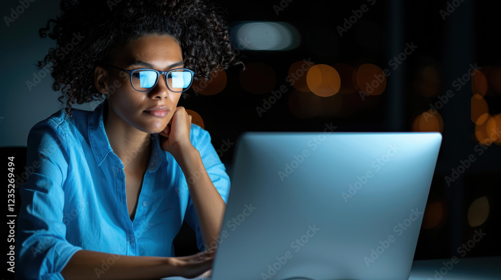 A focused woman works late into the night, balancing tasks in her dimly lit office with determination. A focused woman works late into the night, balancing tasks in her dimly lit office with determination.