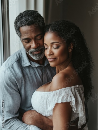 Lovely mid black man hugging his pregnant wife from behind standing near window at home. Happy middle aged black husband embracing pregnant woman while waiting for baby. African american mature coupl photo