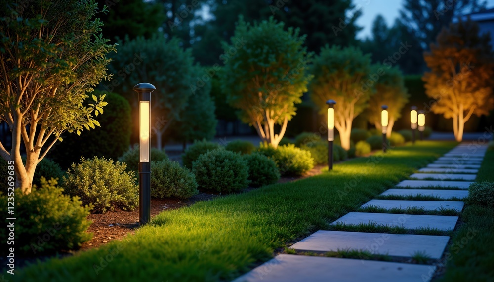 Obraz premium Modern outdoor lighting design for backyard landscape. LED lamps illuminate pathway through green plants. Trees, shrubs beautifully landscaped. Stone pavers create stylish walkway. Evening ambiance