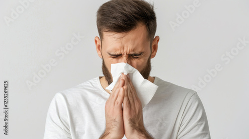 A man sneezes into a napkin at home, battling spring allergies with cat dander nearby, feeling the seasonal struggle grow.