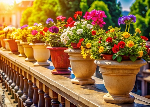 Colorful Flower Pots on Marble Balcony Railing with Copy Space - Spring Garden Decor