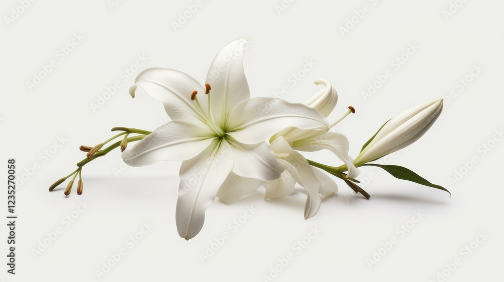 Fototapeta premium A stunning white lily flower, symbolizing purity, stands elegantly against a white background, capturing natures beauty.