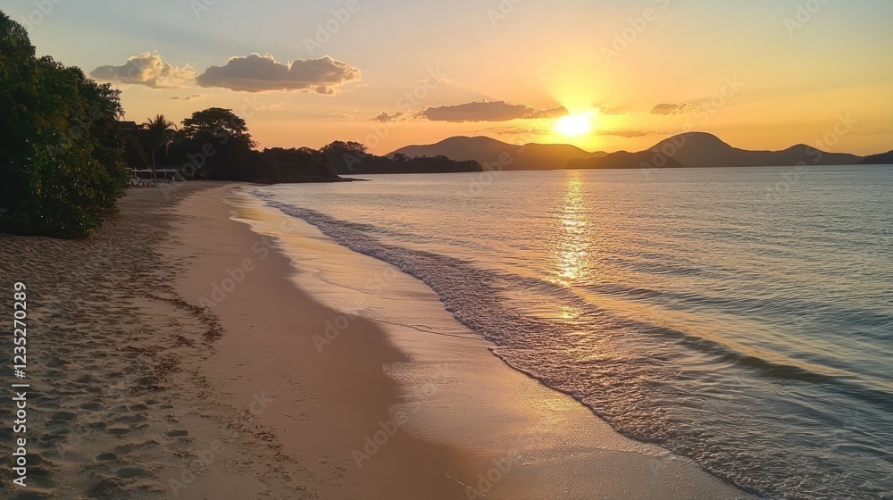 Golden Sunset Over Tropical Beach And Mountains Golden Sunset Over Tropical Beach And Mountains