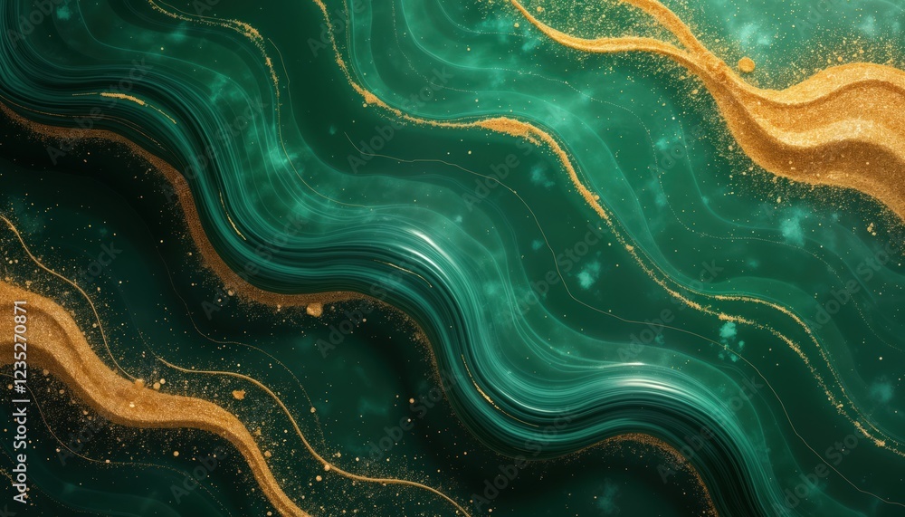 Obraz premium Luxurious abstract background features dark emerald green marble swirls with gold powder textures. Intricate marbling design creates luxurious feel. Ideal for wallpaper home decor. Striking image