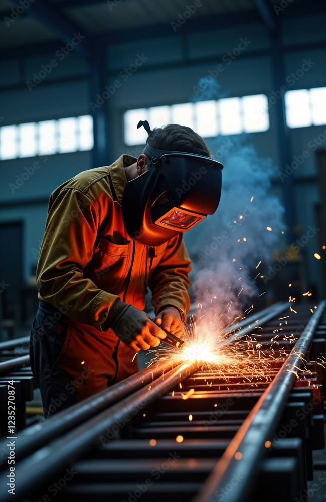 Industrial welder working in factory. Man wearing protective gear welding metal. Sparks fly. Manufacturing process. Construction site. Steel work. Repairing metal. Dedicated worker. Manual skill. Industrial welder working in factory. Man wearing protective gear welding metal. Sparks fly. Manufacturing process. Construction site. Steel work. Repairing metal. Dedicated worker. Manual skill.