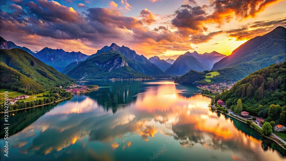 Obraz premium Drone Panorama of Lake Idro, Italian Alps - Epic Low Light