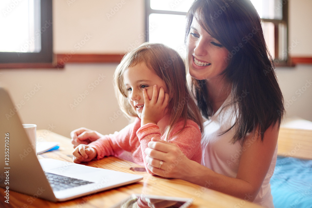Remote work, child and woman with laptop, house and smile for bonding with daughter, online or family. Happy, kid and parent with project for virtual job, writer and planning for deadline in home Remote work, child and woman with laptop, house and smile for bonding with daughter, online or family. Happy, kid and parent with project for virtual job, writer and planning for deadline in home