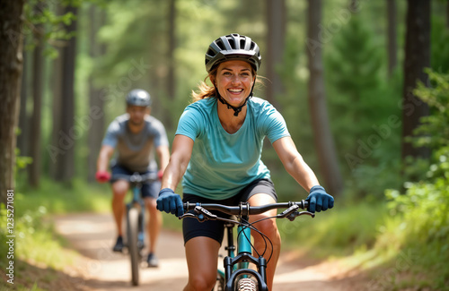 Couple enjoys sunny day mountain biking on forest trail. They ride bikes together in nature. Woman smiles. Active lifestyle and outdoor recreation. Couple looks happy. Summer day in the forest.