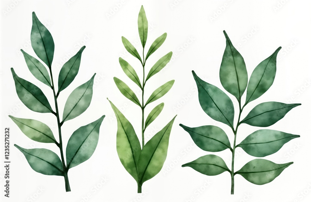 Watercolor illustration of three separate green leaves. Delicate hand-drawn botanical elements. Ideal for textile, decoration, greeting cards. Fresh green plants in spring summer style. Isolated Watercolor illustration of three separate green leaves. Delicate hand-drawn botanical elements. Ideal for textile, decoration, greeting cards. Fresh green plants in spring summer style. Isolated