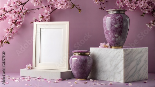 Elegant Funeral Mockup with Violet Memorial Urn and Pink Flowers photo