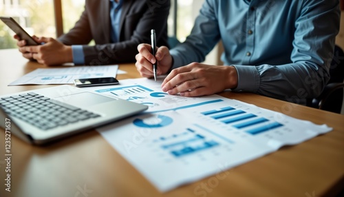 Wallpaper Mural Business people collaborate on budget plan. Financial advisor, small business owner review financial documents. Examine charts, graphs to manage expenses, forecast future growth. Focus on ensuring Torontodigital.ca