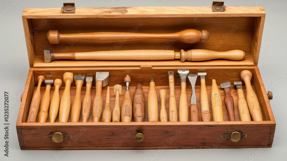 Wooden Box Containing An Assortment Of Carving Tools Wooden Box Containing An Assortment Of Carving Tools