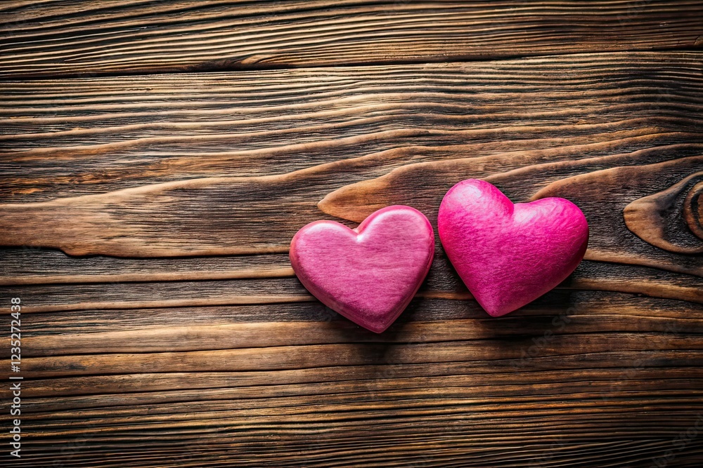 Drone Shot Pink Hearts on Brown Wood Texture Drone Shot Pink Hearts on Brown Wood Texture