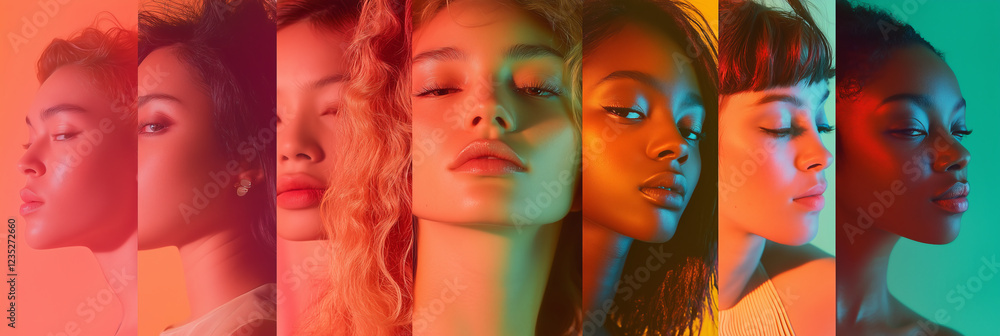 Obraz premium Group of women portraits on colorful background. Diverse ethnicity different people group headshots in collage. Tolerance and inclusion.