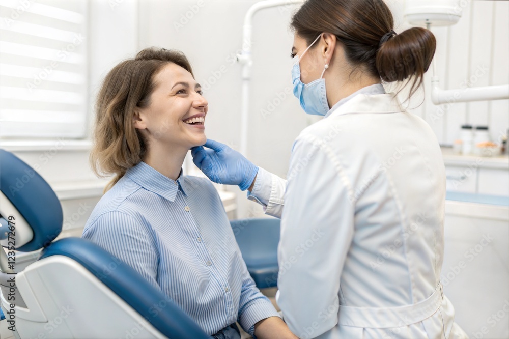 Young Woman Smiling at Dentist Appointment in Blue Striped Shirt Young Woman Smiling at Dentist Appointment in Blue Striped Shirt
