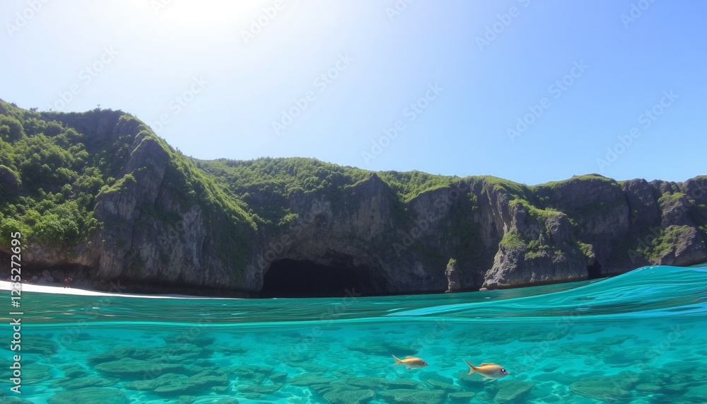 Fototapeta premium A tropical island with green cliffs rising above the turquoise sea, creating a stunning paradise surrounded by clear water and white sandy beaches.