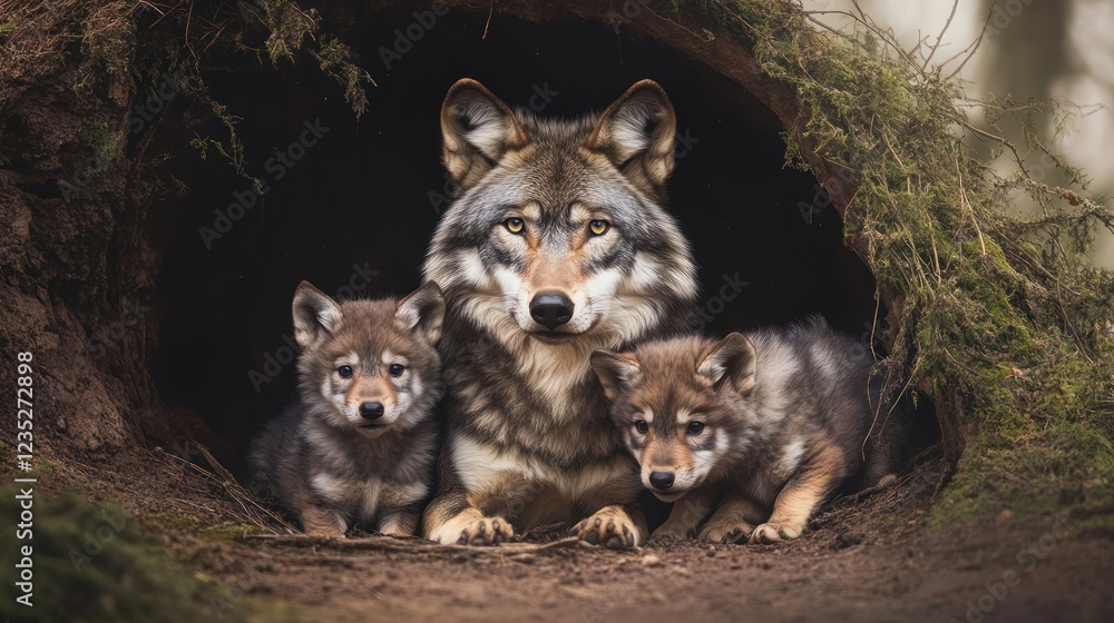 Wolf Mother Protecting Her Two Cubs In A Den Wolf Mother Protecting Her Two Cubs In A Den