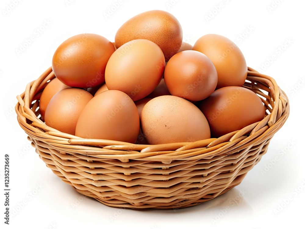 Eggs in Basket Closeup - Isolated White Background - Copy Space