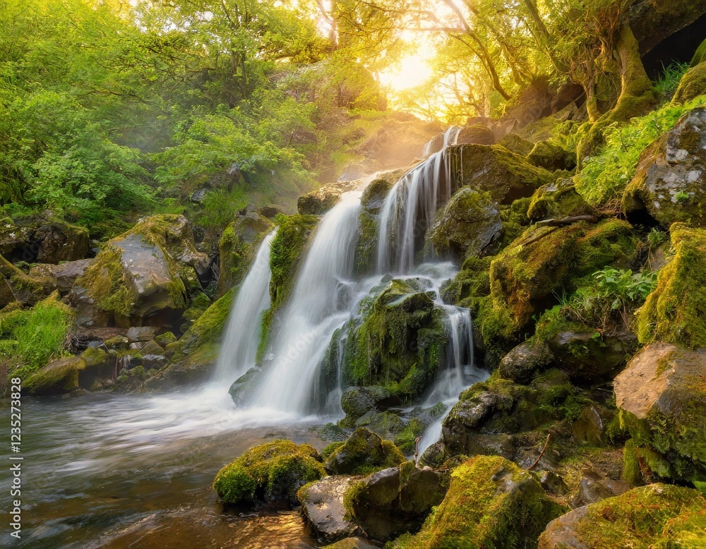 Fototapeta premium A serene waterfall surrounded by lush green trees and moss-covered rocks, with mist rising from the cascading water.
