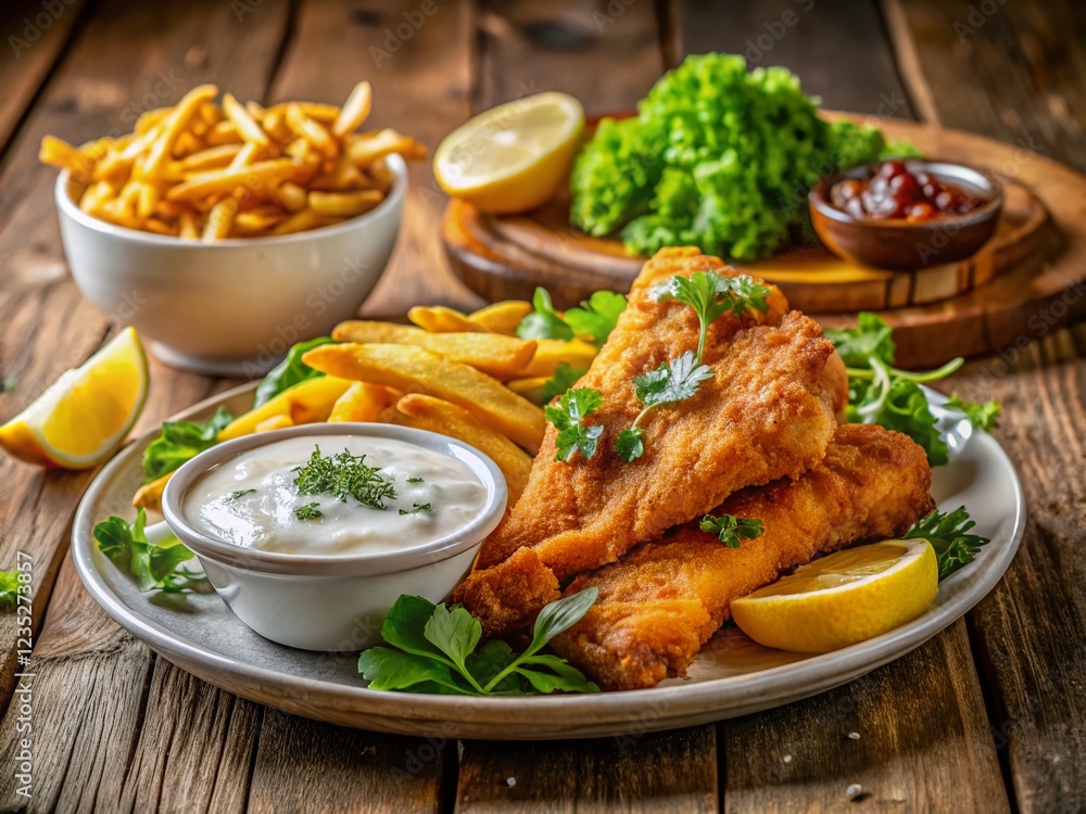 Crispy Fried Fish with Golden Fries and Lemon Wedges - Delicious Seafood Dinner Crispy Fried Fish with Golden Fries and Lemon Wedges - Delicious Seafood Dinner