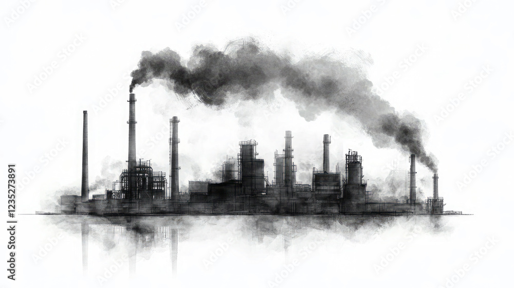 Industrial Factory Sketch with Chimneys and Smoke Industrial Factory Sketch with Chimneys and Smoke