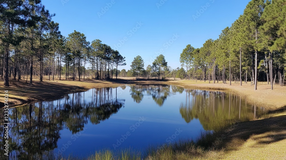 Serene Pond Reflecting Pine Trees Under a Blue Sky Serene Pond Reflecting Pine Trees Under a Blue Sky