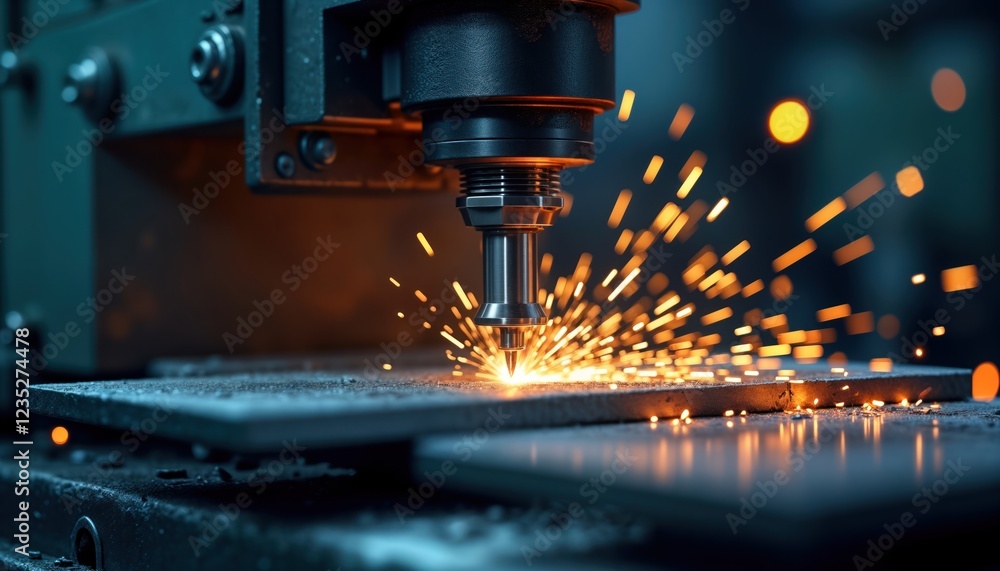 Modern CNC milling machine cuts metal sheet. Sparks fly. High-tech manufacturing process. Precision work. Automated system. Industrial setting. Metalworking. Machining. Factory environment. Modern CNC milling machine cuts metal sheet. Sparks fly. High-tech manufacturing process. Precision work. Automated system. Industrial setting. Metalworking. Machining. Factory environment.
