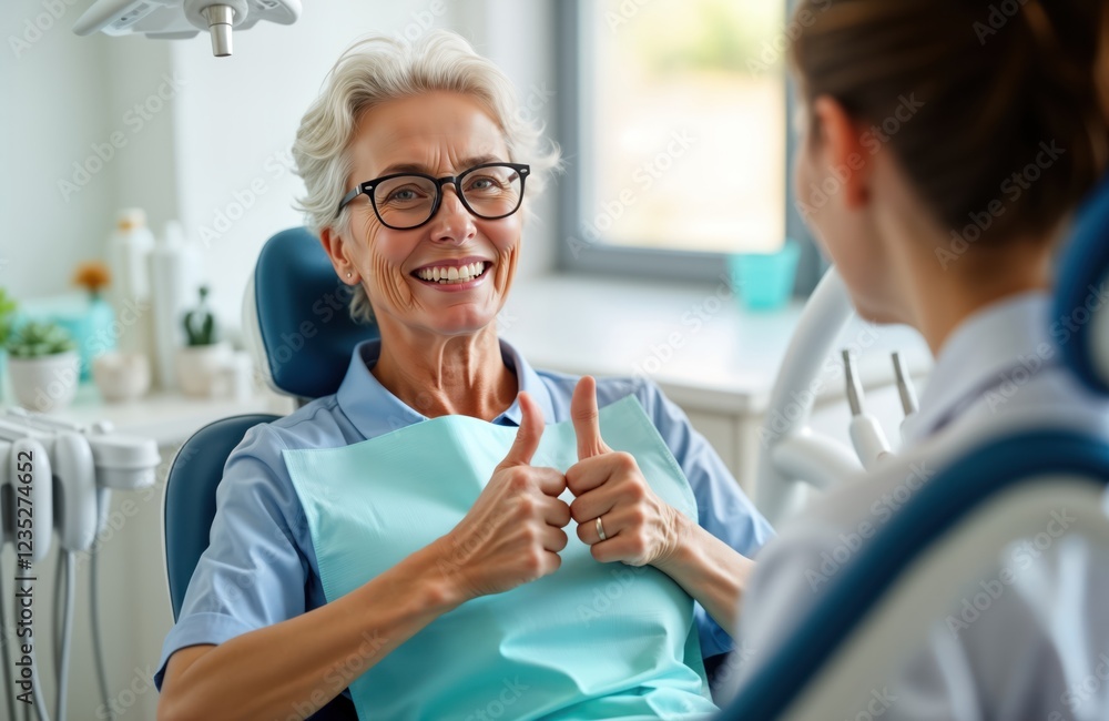 Fototapeta premium Cheerful senior woman giving thumbs up during dental consultation. Happy patient sits in dental chair. Dental hygienist dentist listens. Positive experience at dental office. Healthy smile. Teeth