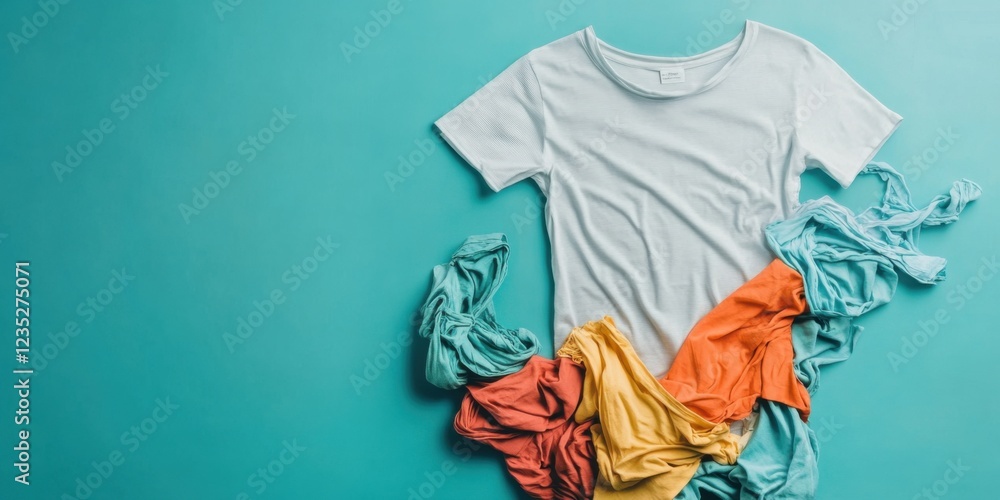 A Vibrant and Colorful Arrangement of Summer Clothing Set Against a Teal Background A Vibrant and Colorful Arrangement of Summer Clothing Set Against a Teal Background