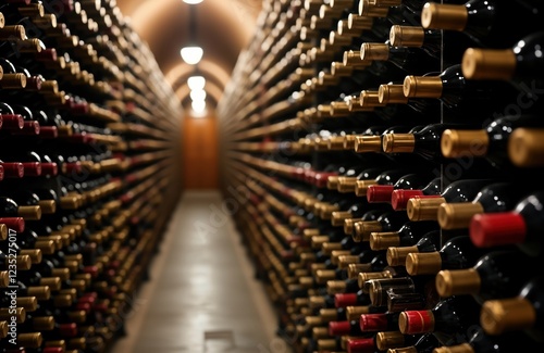 Organized rows of wine bottles in sophisticated wine cellar. Many bottles neatly stacked, arranged vertically. Industrial style cellar collection of different wines. Preservation, meticulous storage photo