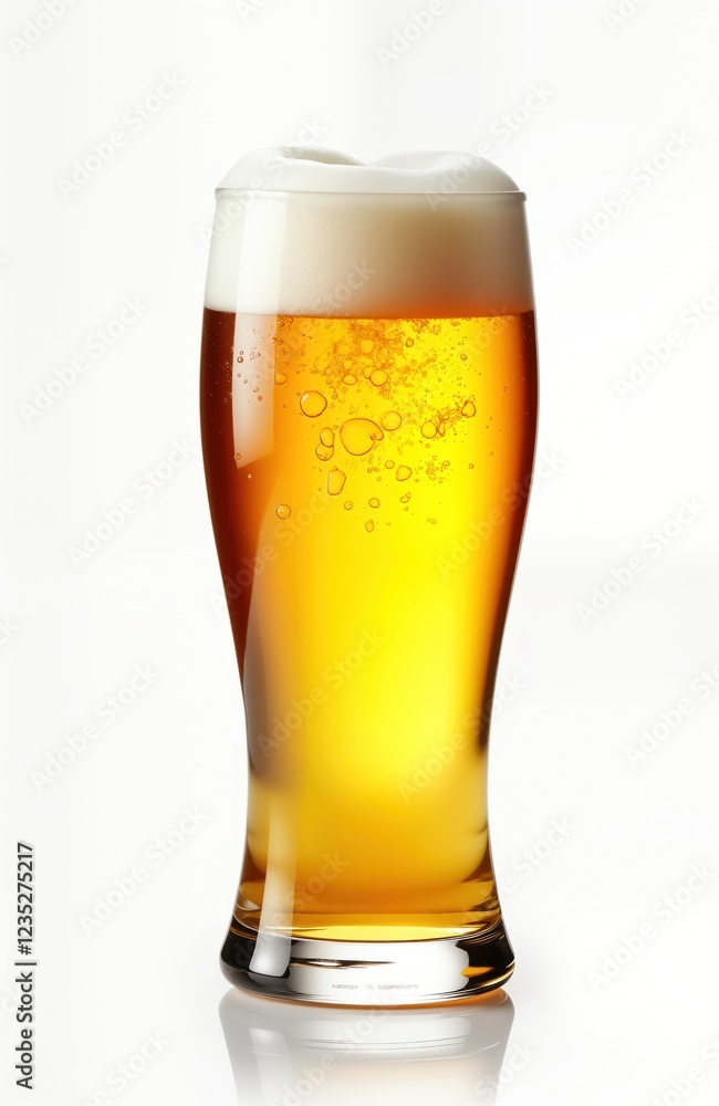 Full pint glass of yellow beer with a generous head of foam. Fresh brew in a tulip glass. Isolated on white background. Ideal for showcasing beer product or bar concepts. Full pint glass of yellow beer with a generous head of foam. Fresh brew in a tulip glass. Isolated on white background. Ideal for showcasing beer product or bar concepts.
