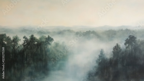 Misty Morning Landscape Over Forest Hills