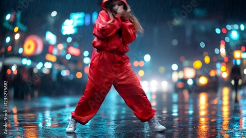 Young woman in urban sportswear dancing hip hop in the street of a rainy city	
