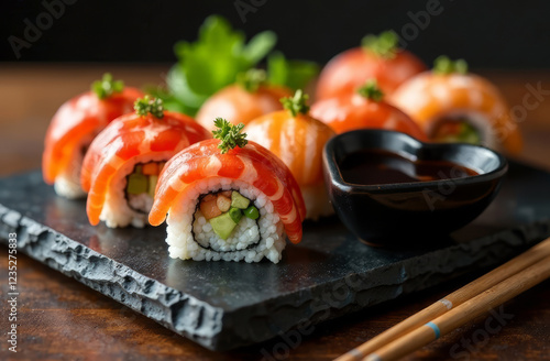 Sushi rolls with salmon on a black stone board in a restaurant
