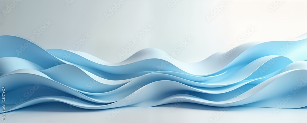 Naklejka premium Abstract minimalist design smooth blue, white waves on light background. Dynamic flowing shapes create serene, elegant aesthetic. Ideal for presentations websites needing contemporary, professional