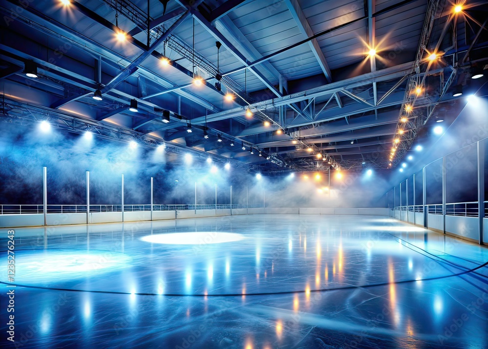 Fototapeta premium Empty Ice Rink, Smoky Fog, Low Light, Winter Scene, Surreal Photography