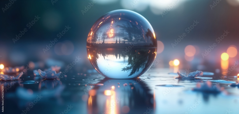 Fototapeta premium Beautiful glass sphere reflects city sunset on reflective surface. Tiny flowers around sphere. Calm tranquil scene. Magical atmosphere. Elegant design element. Decor item for home. Showcase nature