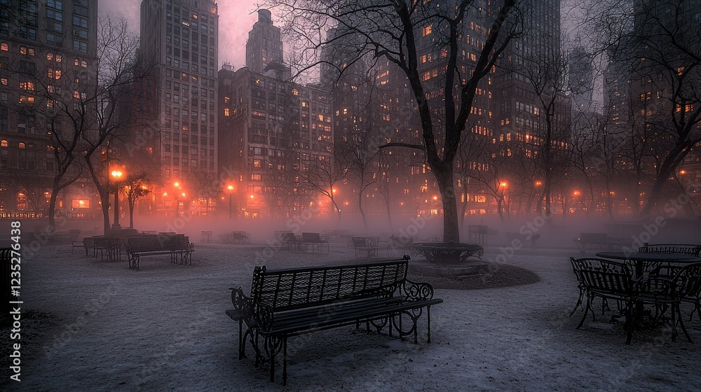 Fototapeta premium Foggy City Park Winter Night Scene with Benches and Lights