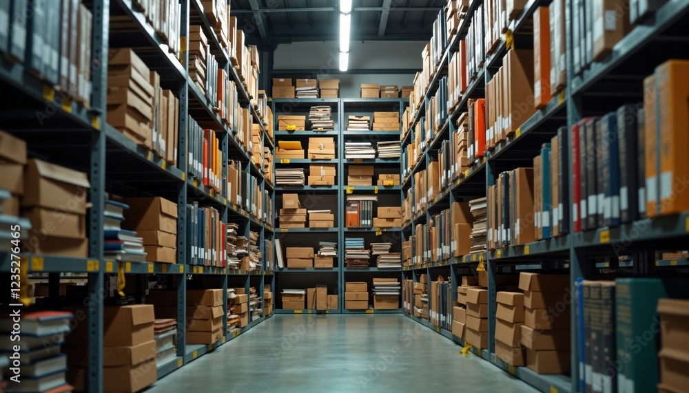 Well-organized archive storage room. Rows of metal shelves filled with books, cardboard boxes. Data storage clearly structured. Organization apparent in neat arrangement of materials. Potential for Well-organized archive storage room. Rows of metal shelves filled with books, cardboard boxes. Data storage clearly structured. Organization apparent in neat arrangement of materials. Potential for