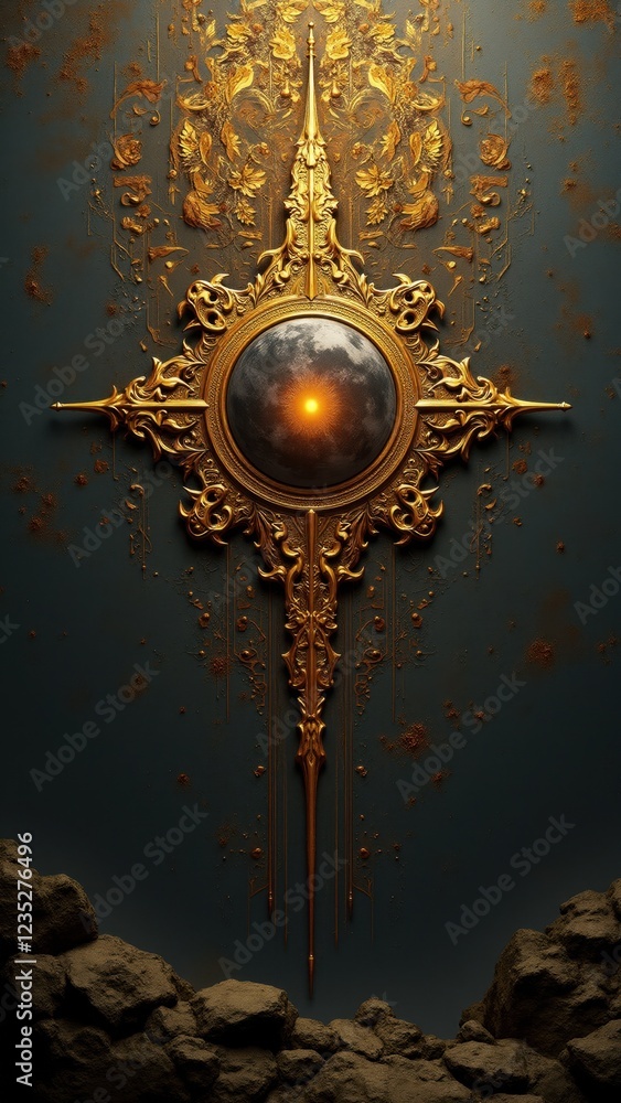 Fototapeta premium Golden cross showing planet and rising sun on dark background