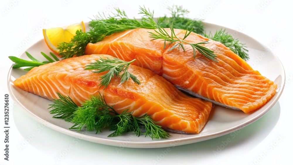 Delicious Arctic Char with Dill on White Background - Fresh Seafood Dish Stock Photo Delicious Arctic Char with Dill on White Background - Fresh Seafood Dish Stock Photo