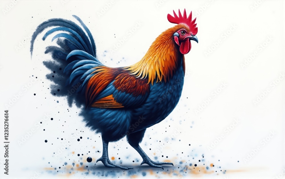 Fototapeta premium Hyperrealistic Painting of a Rooster with Blue, Orange, and Red Plumage