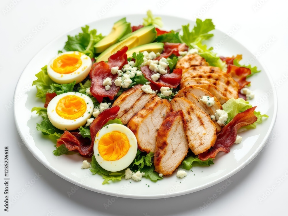 Cobb salad with grilled chicken, bacon, avocado, eggs, and blue cheese on white plate
Cobb salad with grilled chicken, bacon, avocado, eggs, and blue cheese on white plate