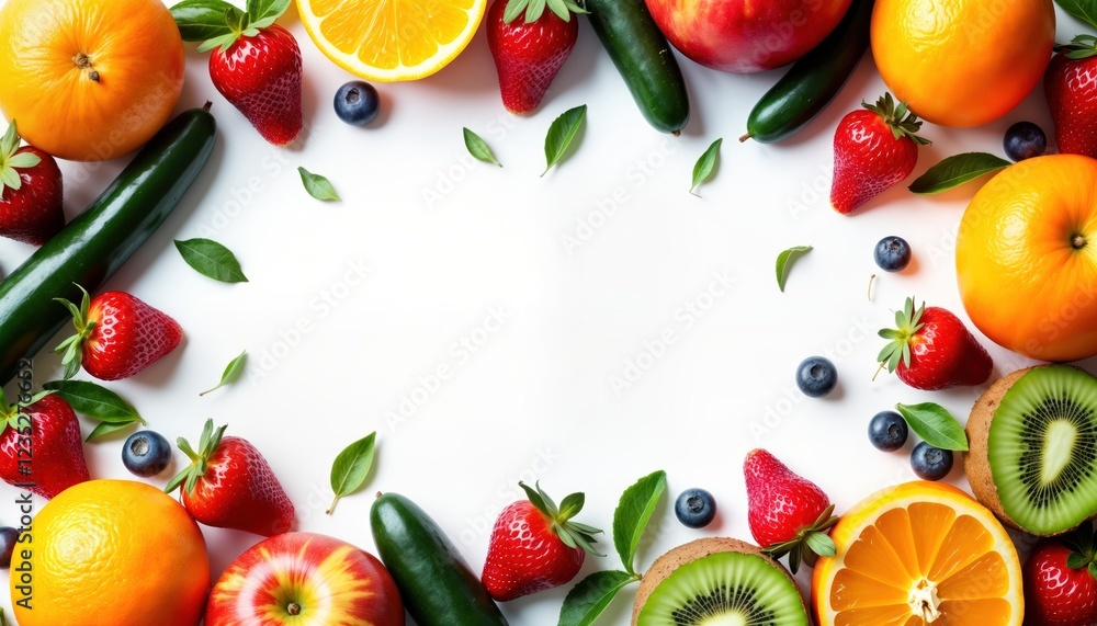 Colorful fruits, vegetables arranged in frame on white background. Fresh produce including apples, oranges, grapefruit, kiwi, strawberries, blueberries, cucumbers. Healthy food concept with copy Colorful fruits, vegetables arranged in frame on white background. Fresh produce including apples, oranges, grapefruit, kiwi, strawberries, blueberries, cucumbers. Healthy food concept with copy